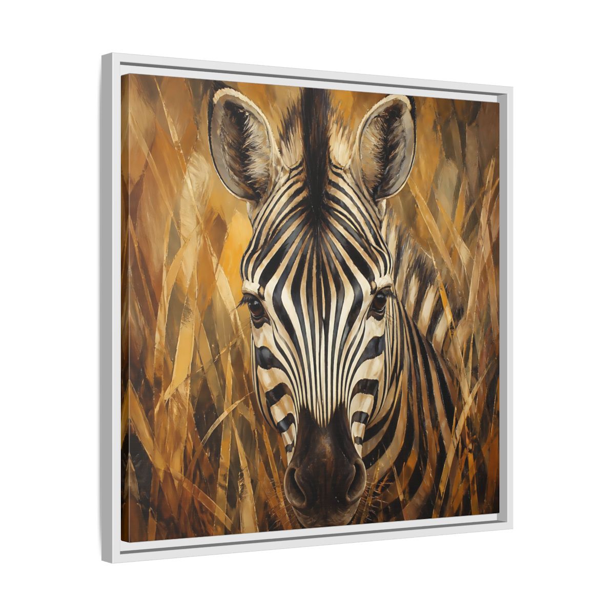 Side Mockup 26. Animals Zebra Zebra Black And Gold shown as stretched canvas wall art