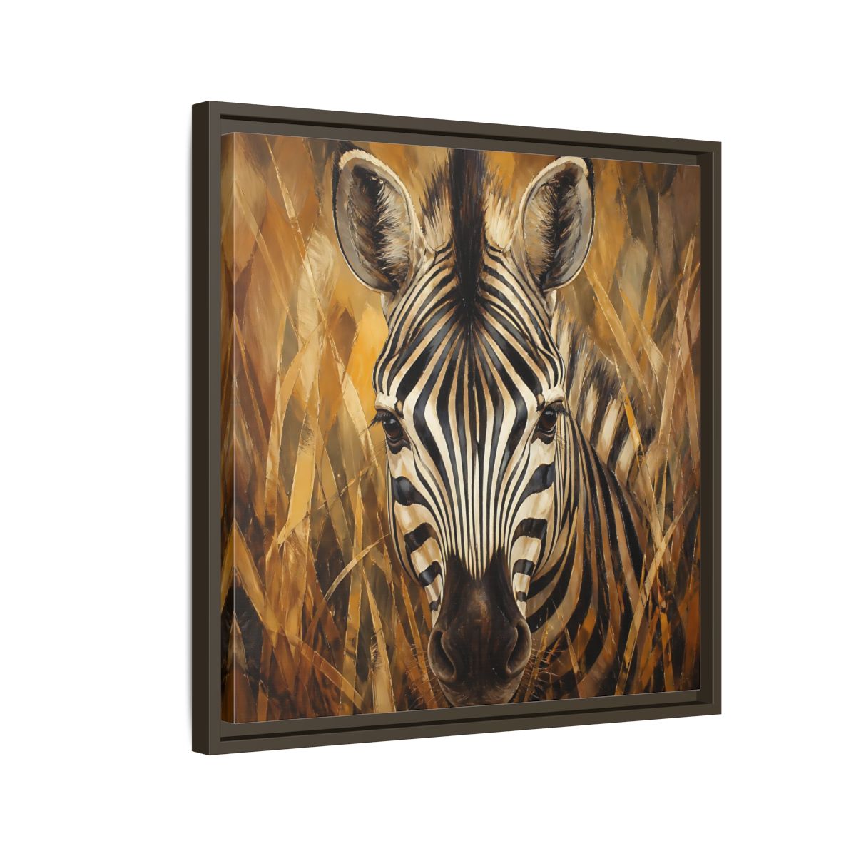 Side Mockup 11. Animals Zebra Zebra Black And Gold shown as stretched canvas wall art