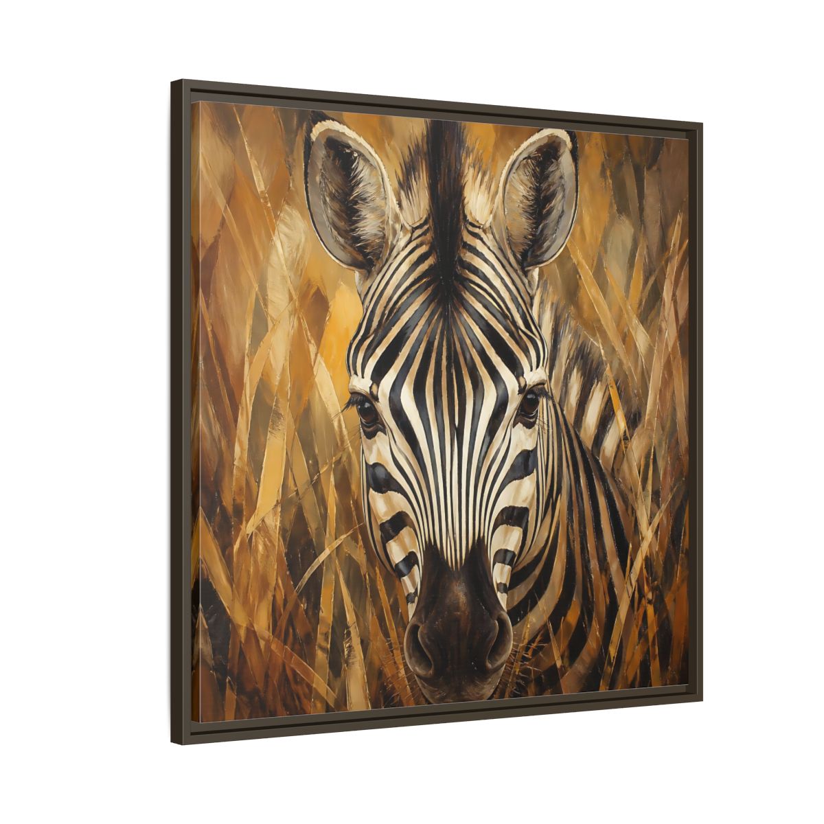 Side Mockup 8. Animals Zebra Zebra Black And Gold shown as stretched canvas wall art