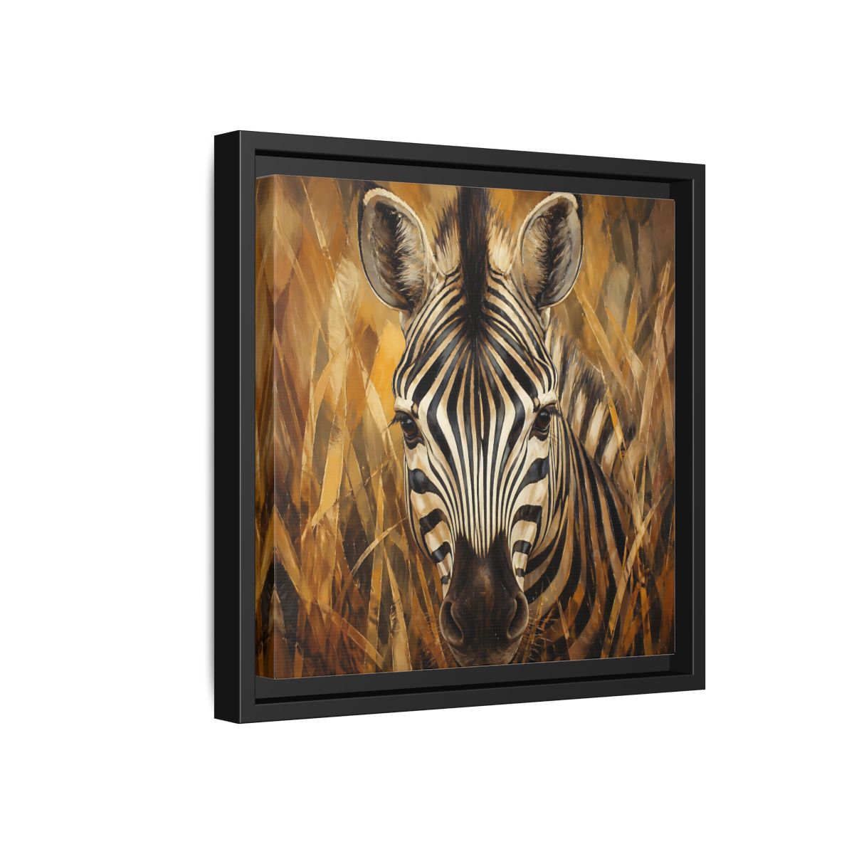 Side Mockup 18. Animals Zebra Zebra Black And Gold shown as stretched canvas wall art