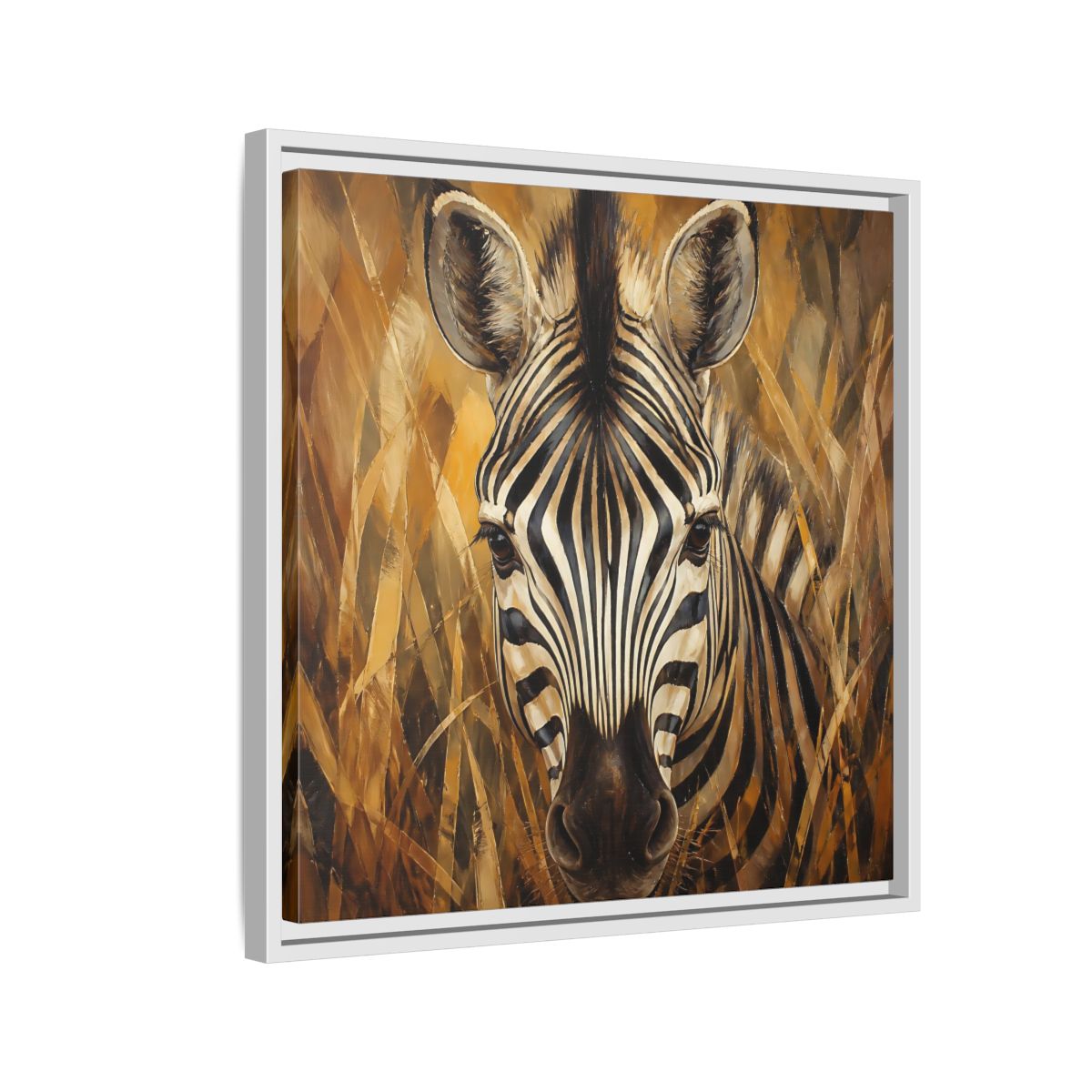 Side Mockup 10. Animals Zebra Zebra Black And Gold shown as stretched canvas wall art
