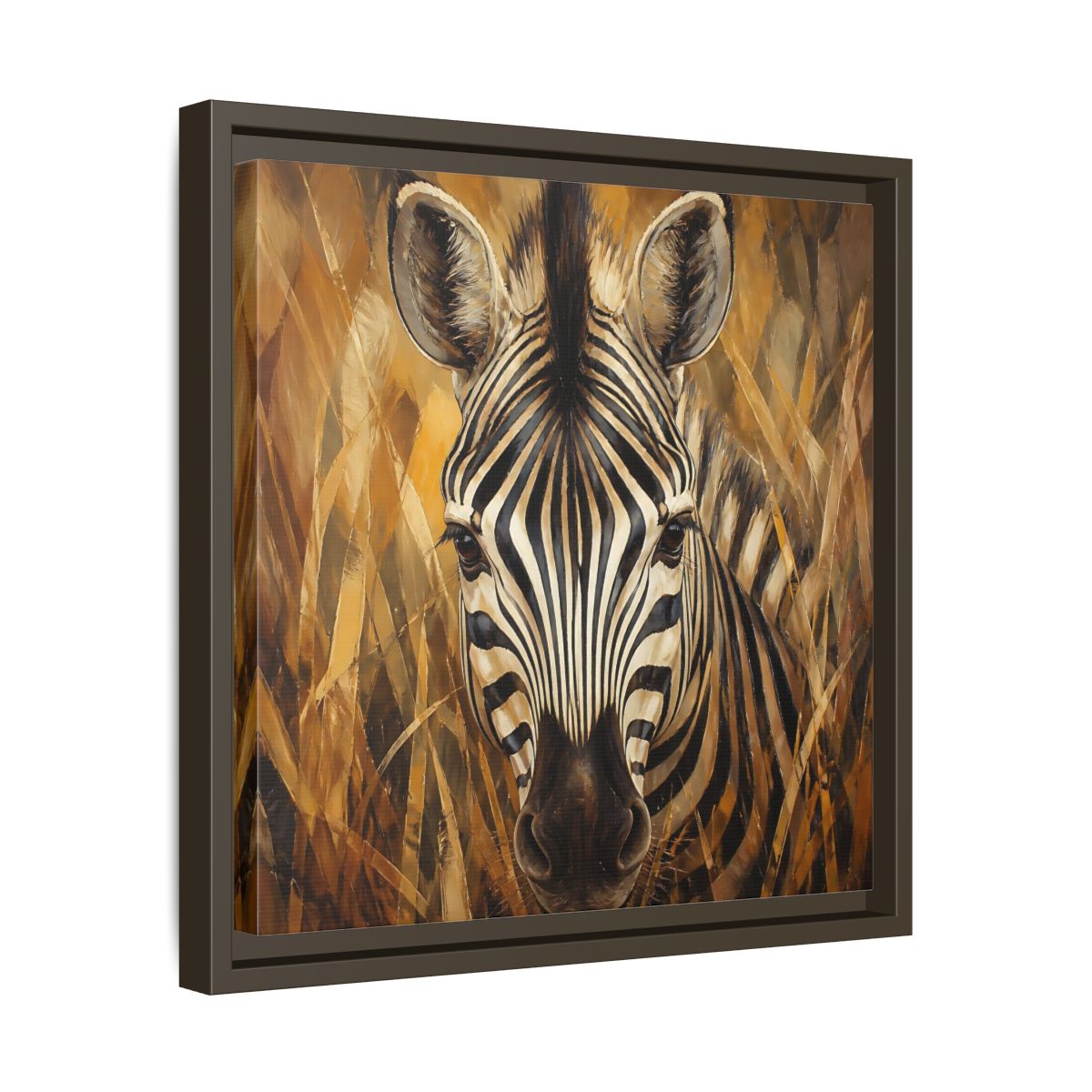 Side Mockup 29. Animals Zebra Zebra Black And Gold shown as stretched canvas wall art