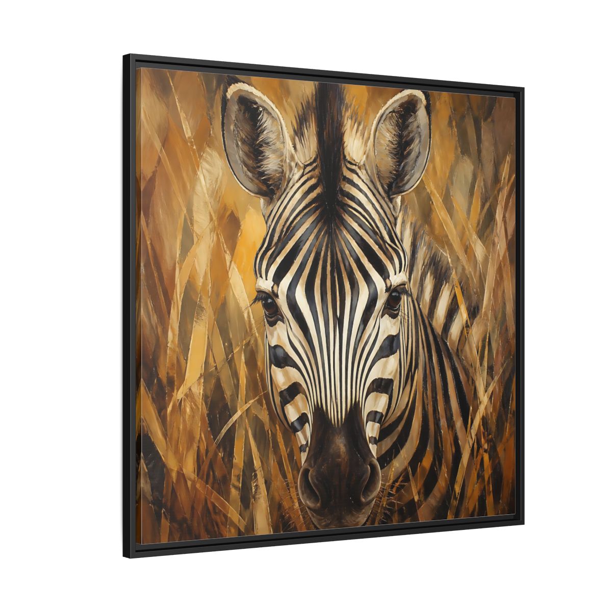 Side Mockup 6. Animals Zebra Zebra Black And Gold shown as stretched canvas wall art