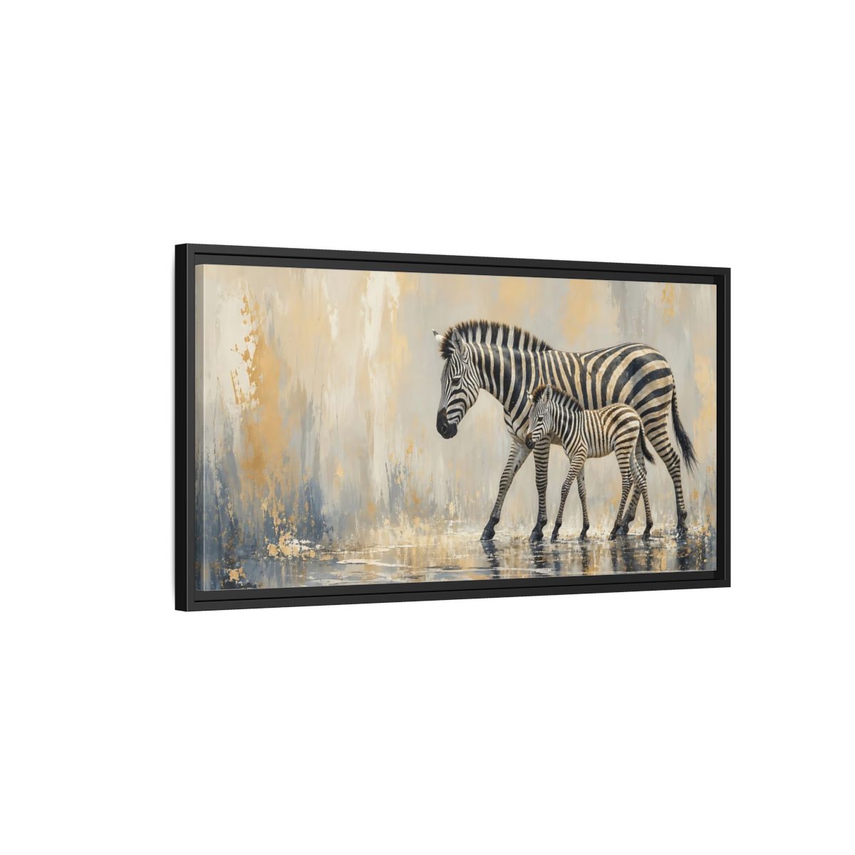 Side Mockup 2. Animals Zebra Family Zebra Gold shown as stretched canvas wall art