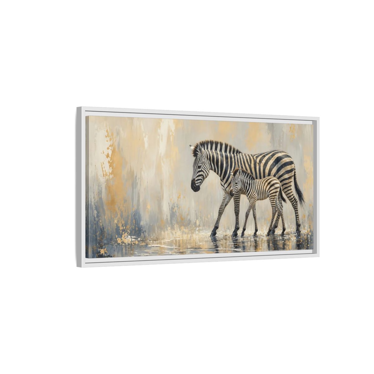 Side Mockup 1. Animals Zebra Family Zebra Gold shown as stretched canvas wall art