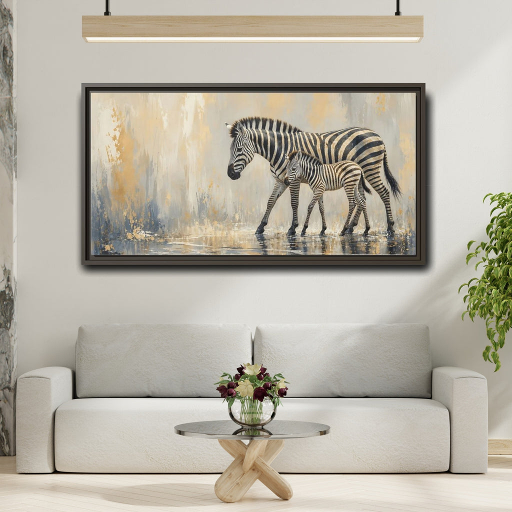 Mockup 2. Animals Zebra Family Zebra Gold shown as stretched canvas wall art