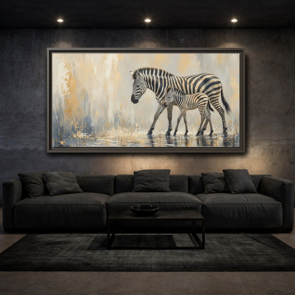 Mockup 3. Animals Zebra Family Zebra Gold shown as stretched canvas wall art