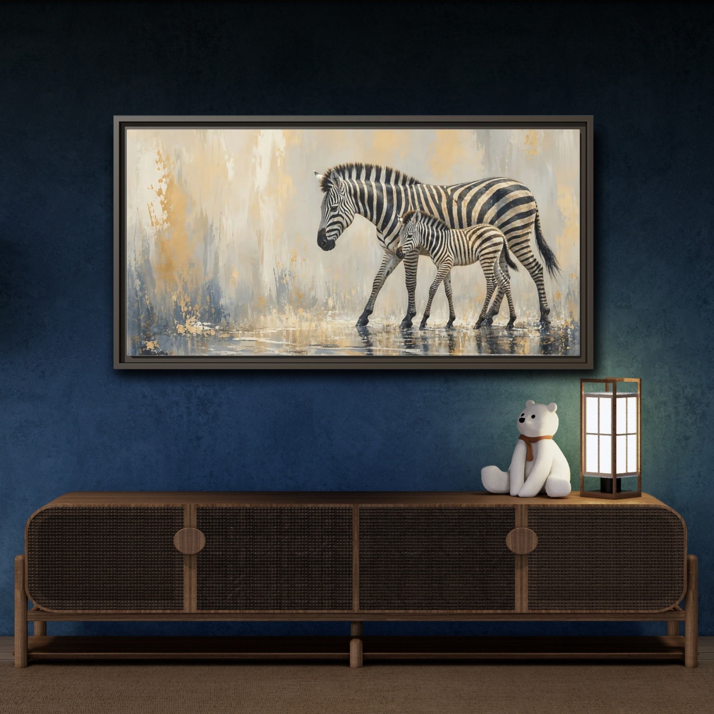 Mockup 4. Animals Zebra Family Zebra Gold shown as stretched canvas wall art