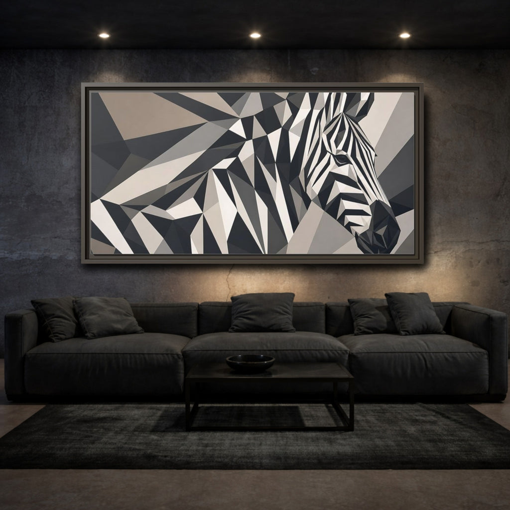 Mockup 3. Animals Zebra Monochrome Zebra shown as stretched canvas wall art
