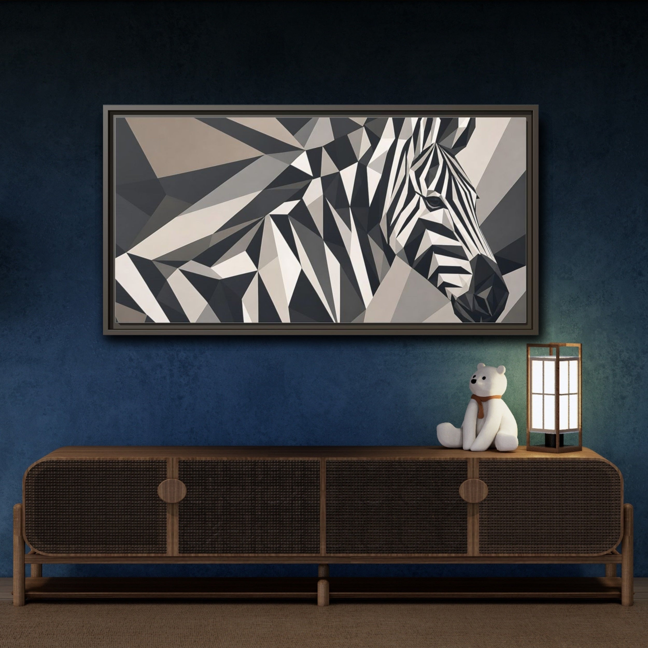 Mockup 4. Animals Zebra Monochrome Zebra shown as stretched canvas wall art