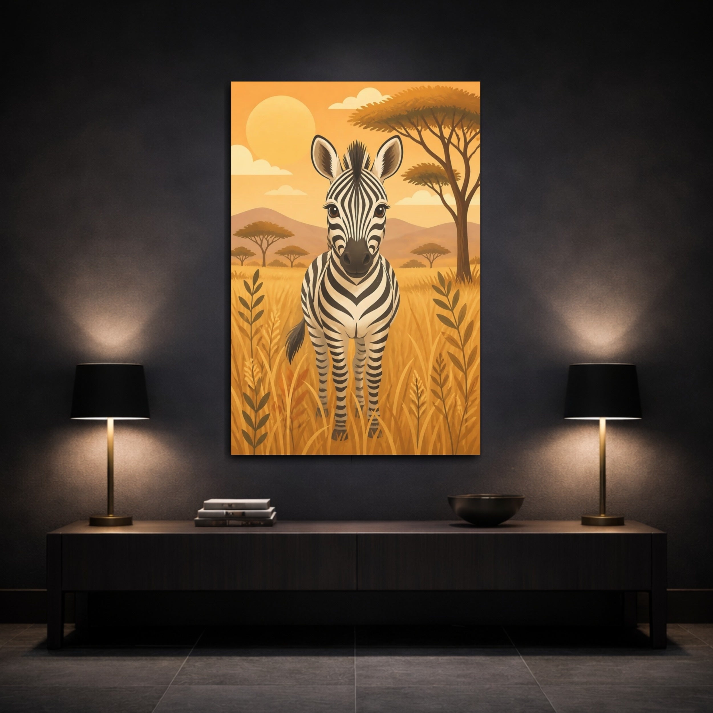 Mockup 3. Animals Zebra Orange And Black shown as stretched canvas wall art