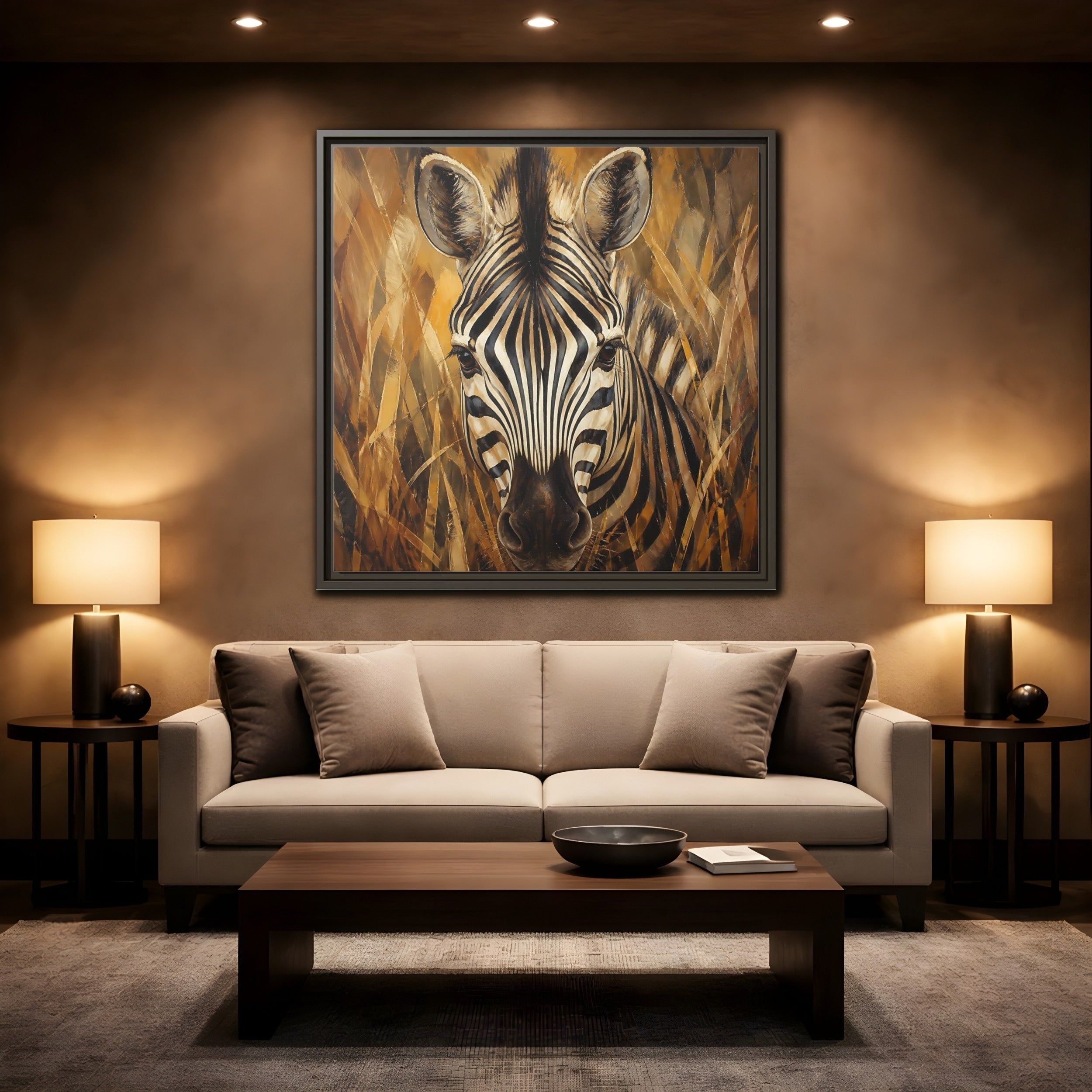 Mockup 2. Animals Zebra Zebra Black And Gold shown as stretched canvas wall art