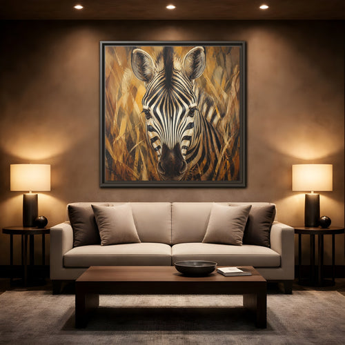 Mockup 2. Animals Zebra Zebra Black And Gold shown as stretched canvas wall art