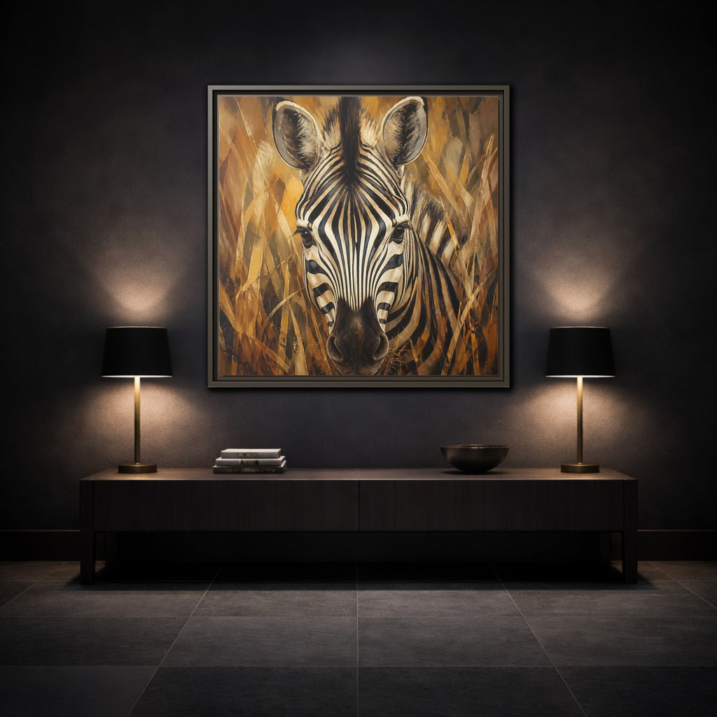 Mockup 3. Animals Zebra Zebra Black And Gold shown as stretched canvas wall art