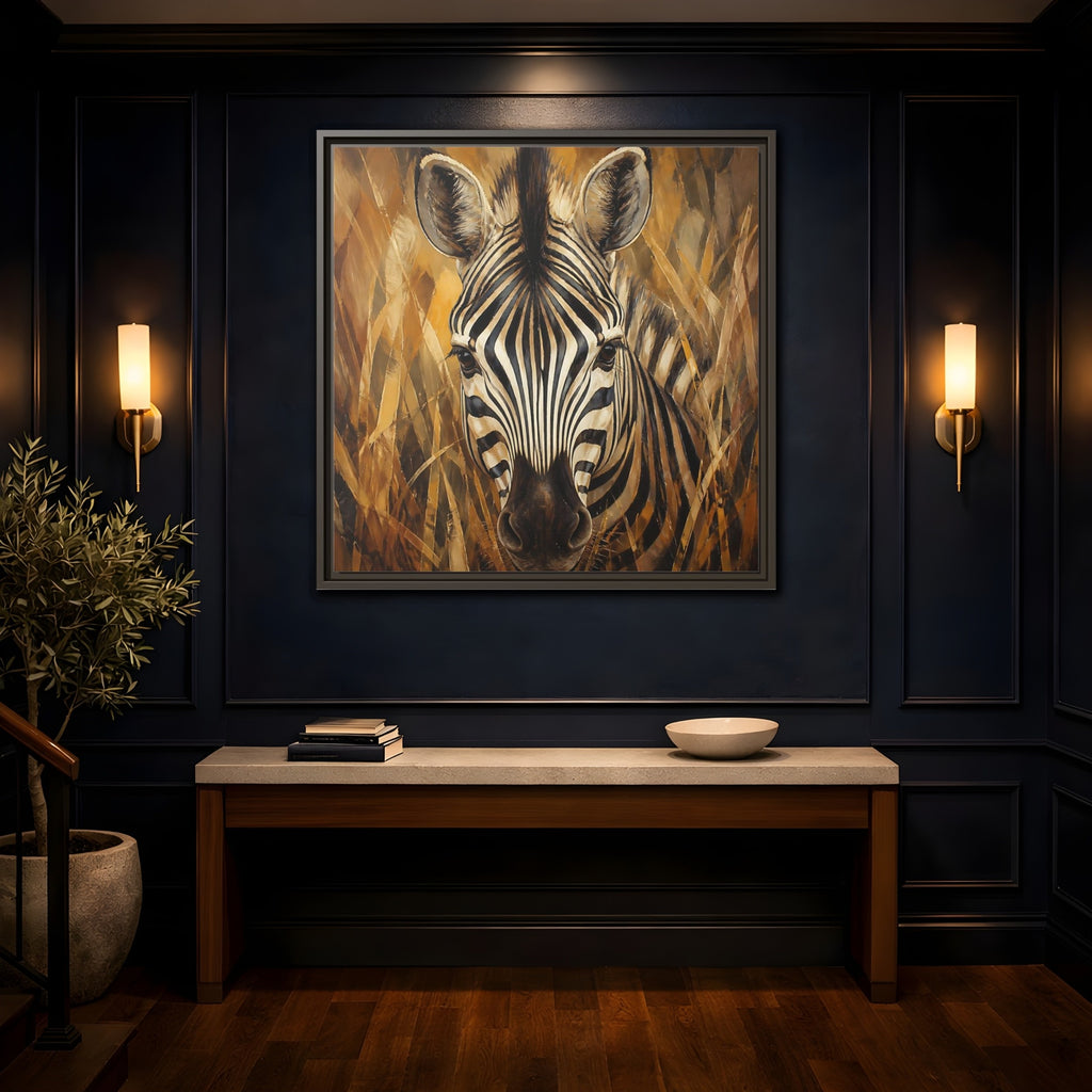 Mockup 4. Animals Zebra Zebra Black And Gold shown as stretched canvas wall art