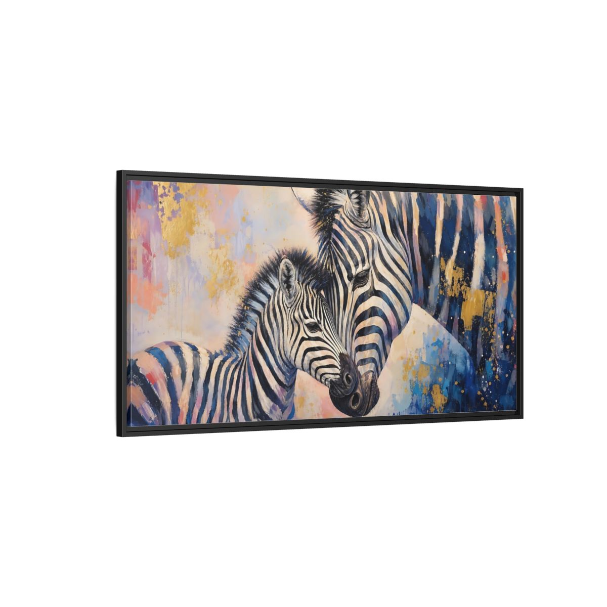 Side Mockup 5. Animals Zebras Colorful Zebras shown as stretched canvas wall art
