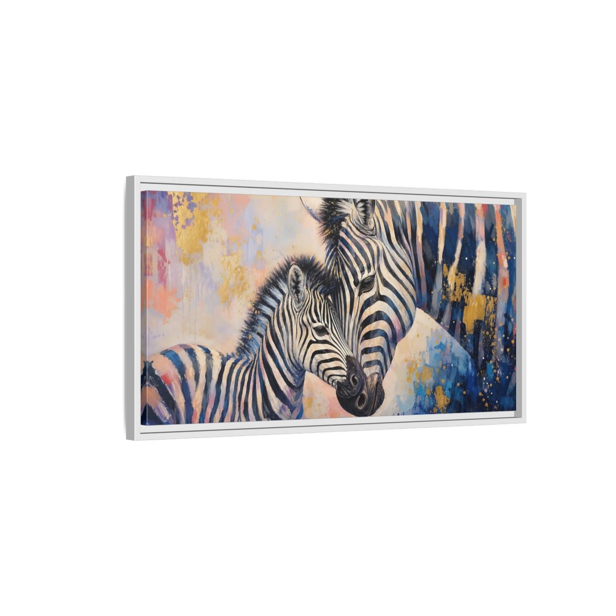 Side Mockup 1. Animals Zebras Colorful Zebras shown as stretched canvas wall art