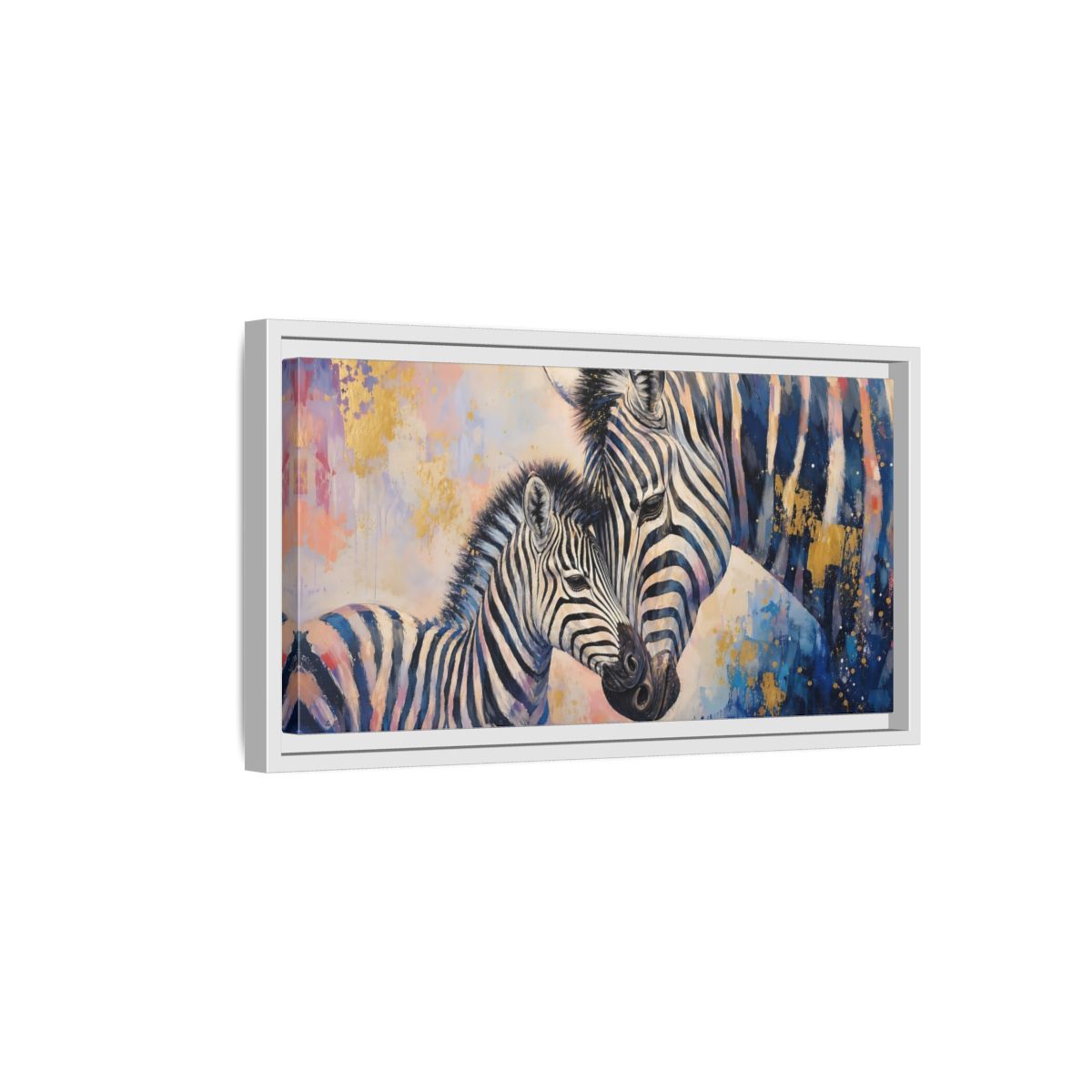 Side Mockup 6. Animals Zebras Colorful Zebras shown as stretched canvas wall art