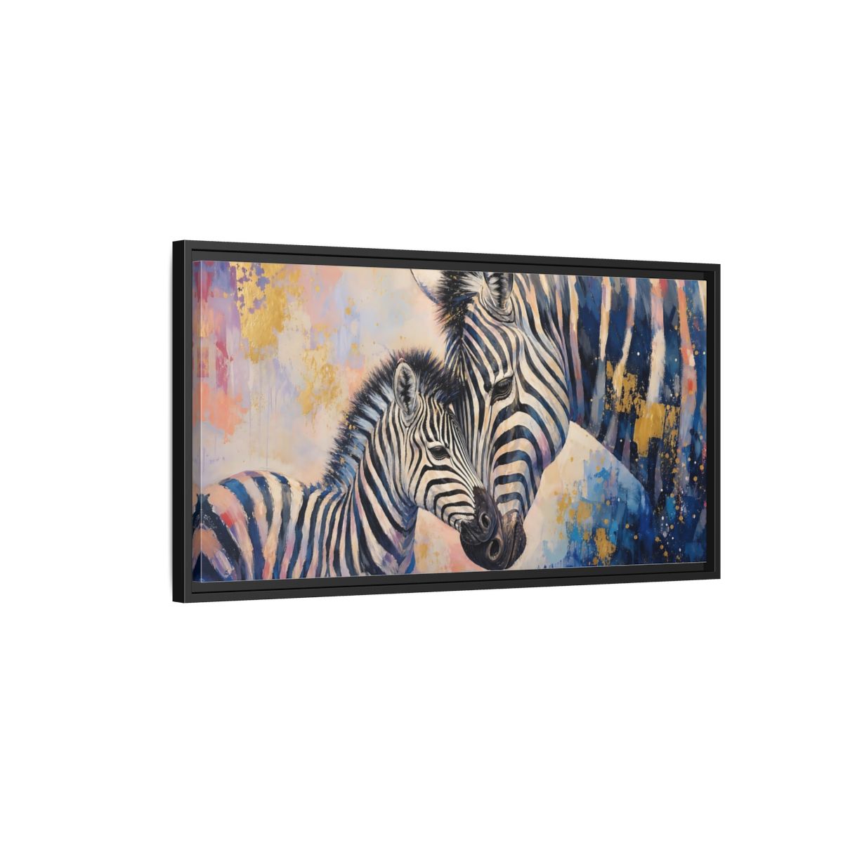 Side Mockup 2. Animals Zebras Colorful Zebras shown as stretched canvas wall art