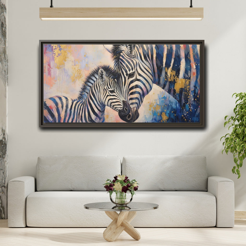 Mockup 2. Animals Zebras Colorful Zebras shown as stretched canvas wall art