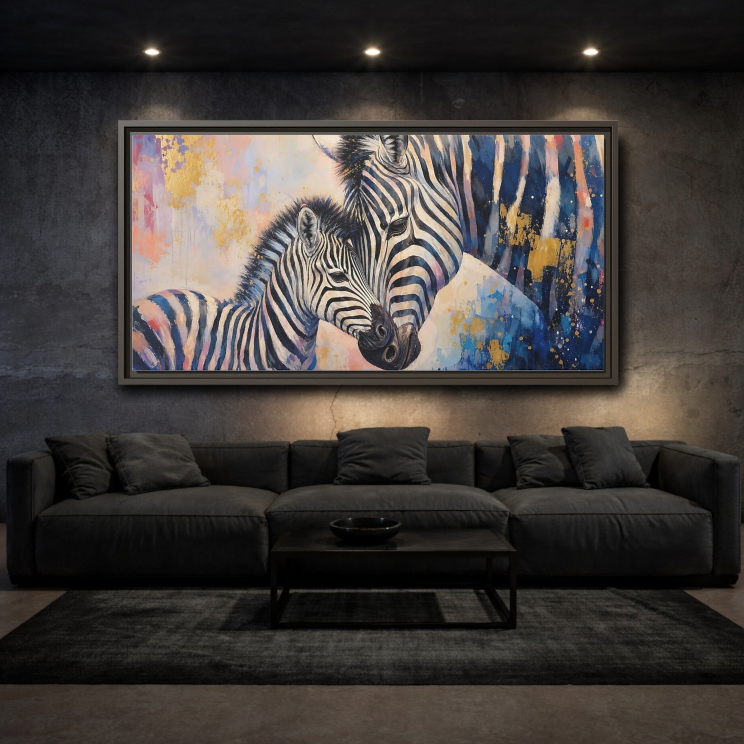 Mockup 3. Animals Zebras Colorful Zebras shown as stretched canvas wall art