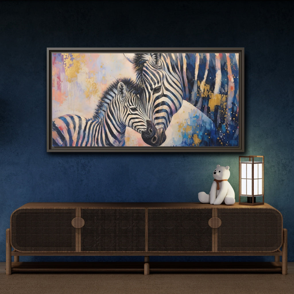 Mockup 4. Animals Zebras Colorful Zebras shown as stretched canvas wall art