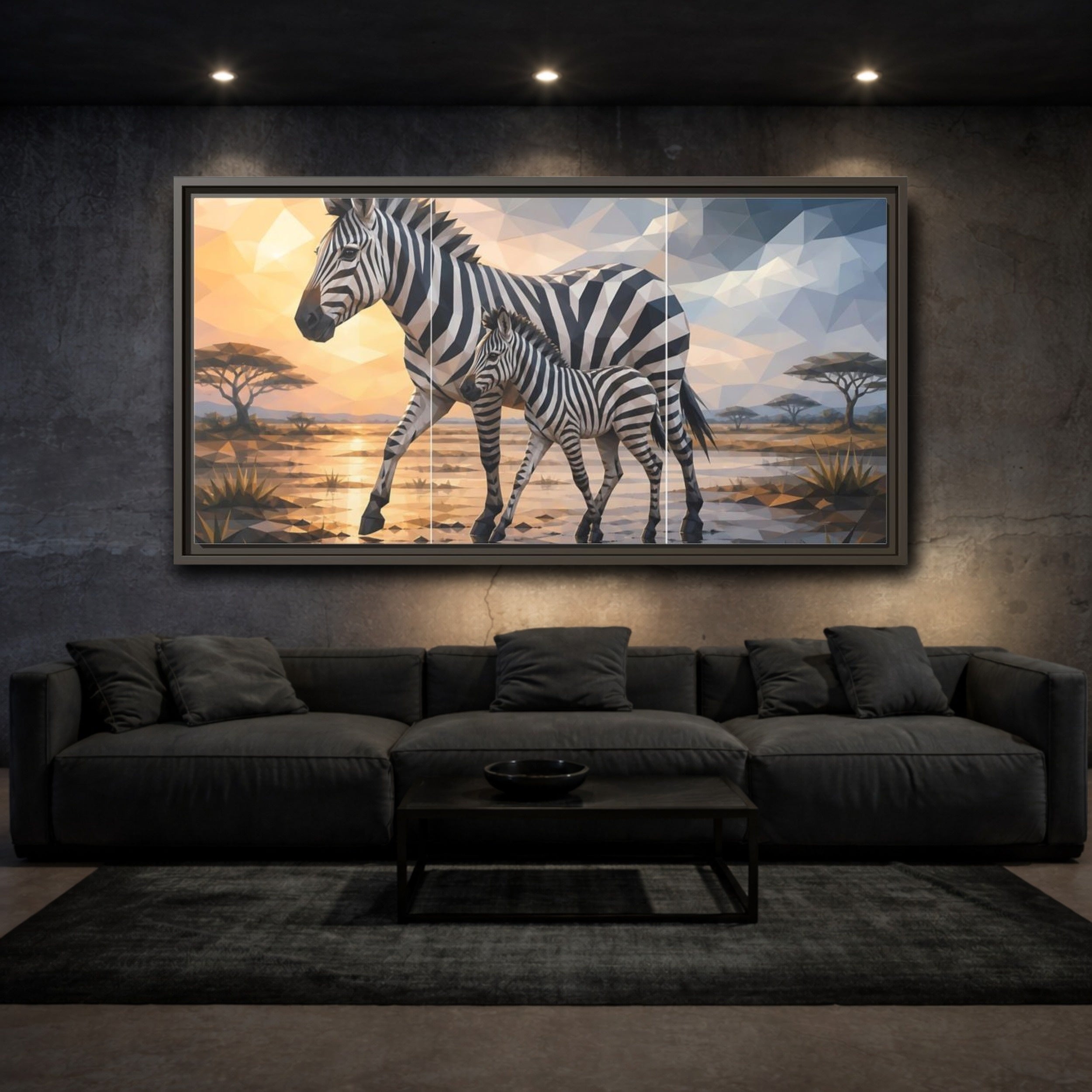 Mockup 3. Animals Zebras Geometric Zebra shown as stretched canvas wall art