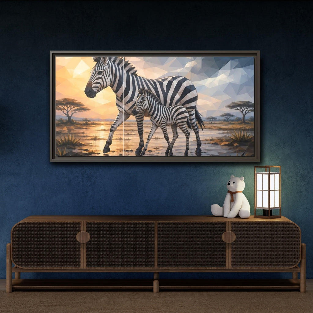 Mockup 4. Animals Zebras Geometric Zebra shown as stretched canvas wall art