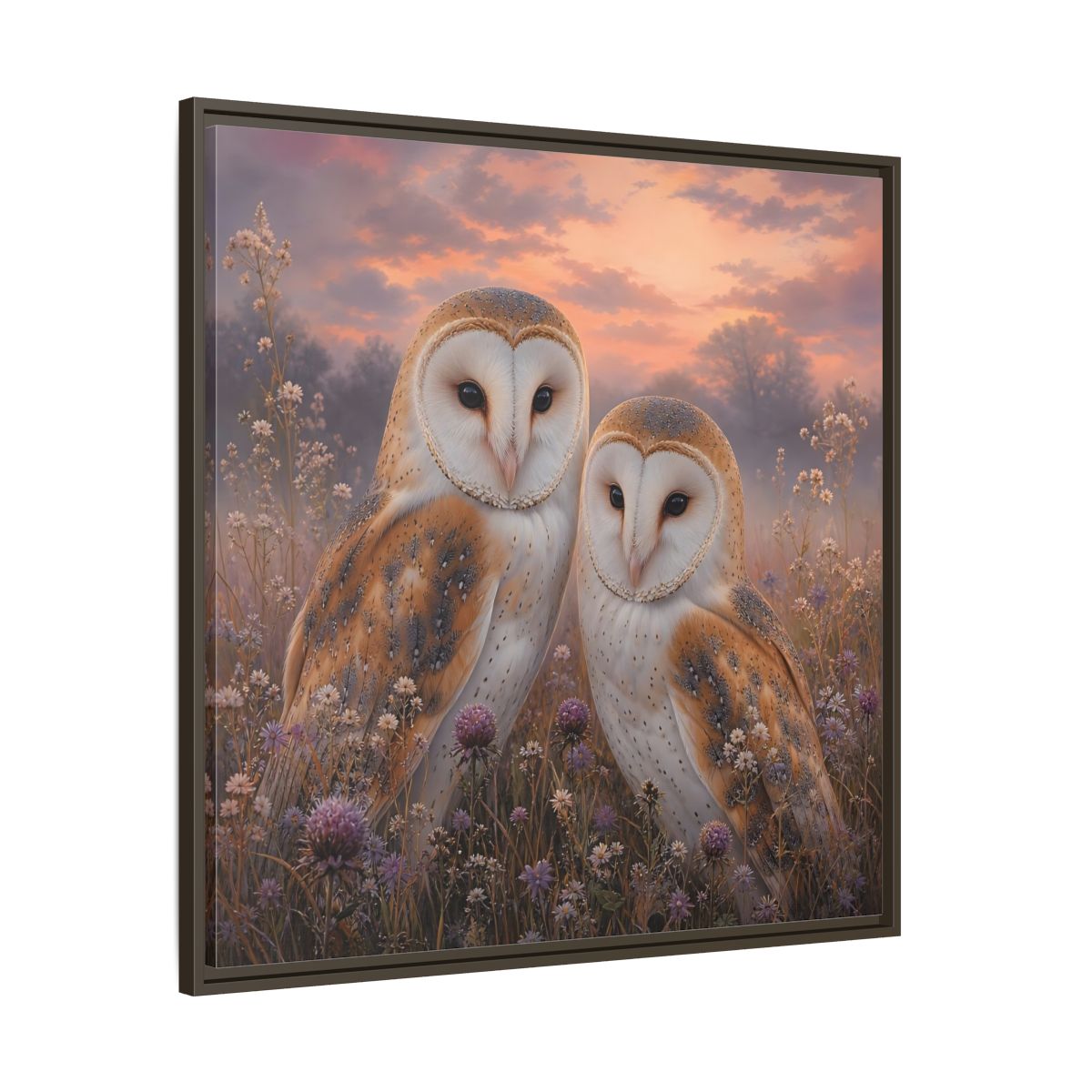 Main Mockup. Birds Barn Owls Barn Owls Sunset shown as stretched canvas wall art