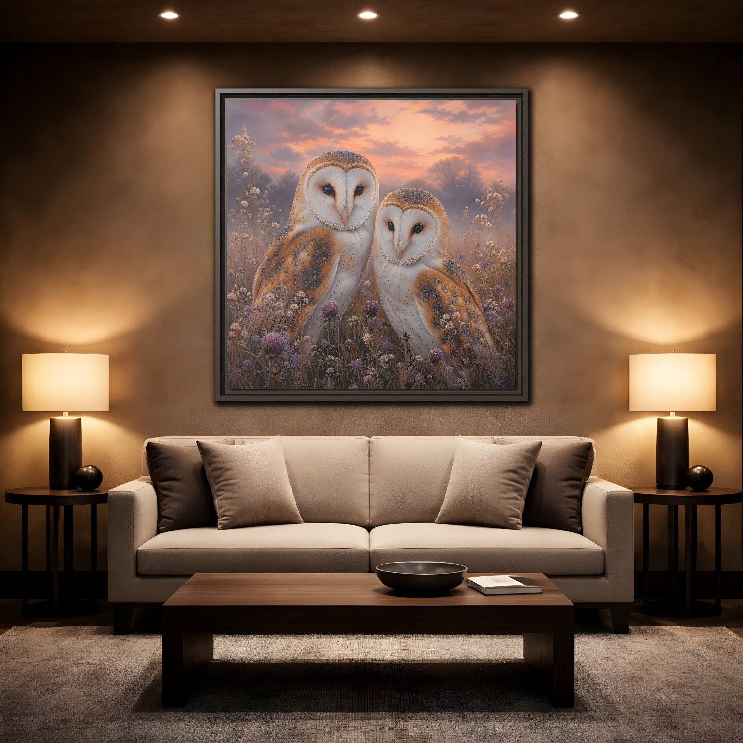 Mockup 2. Birds Barn Owls Barn Owls Sunset shown as stretched canvas wall art