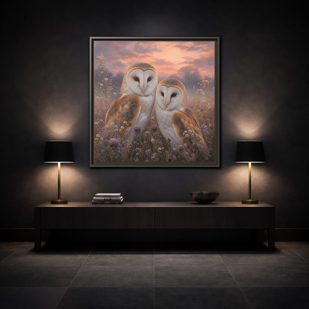 Mockup 3. Birds Barn Owls Barn Owls Sunset shown as stretched canvas wall art