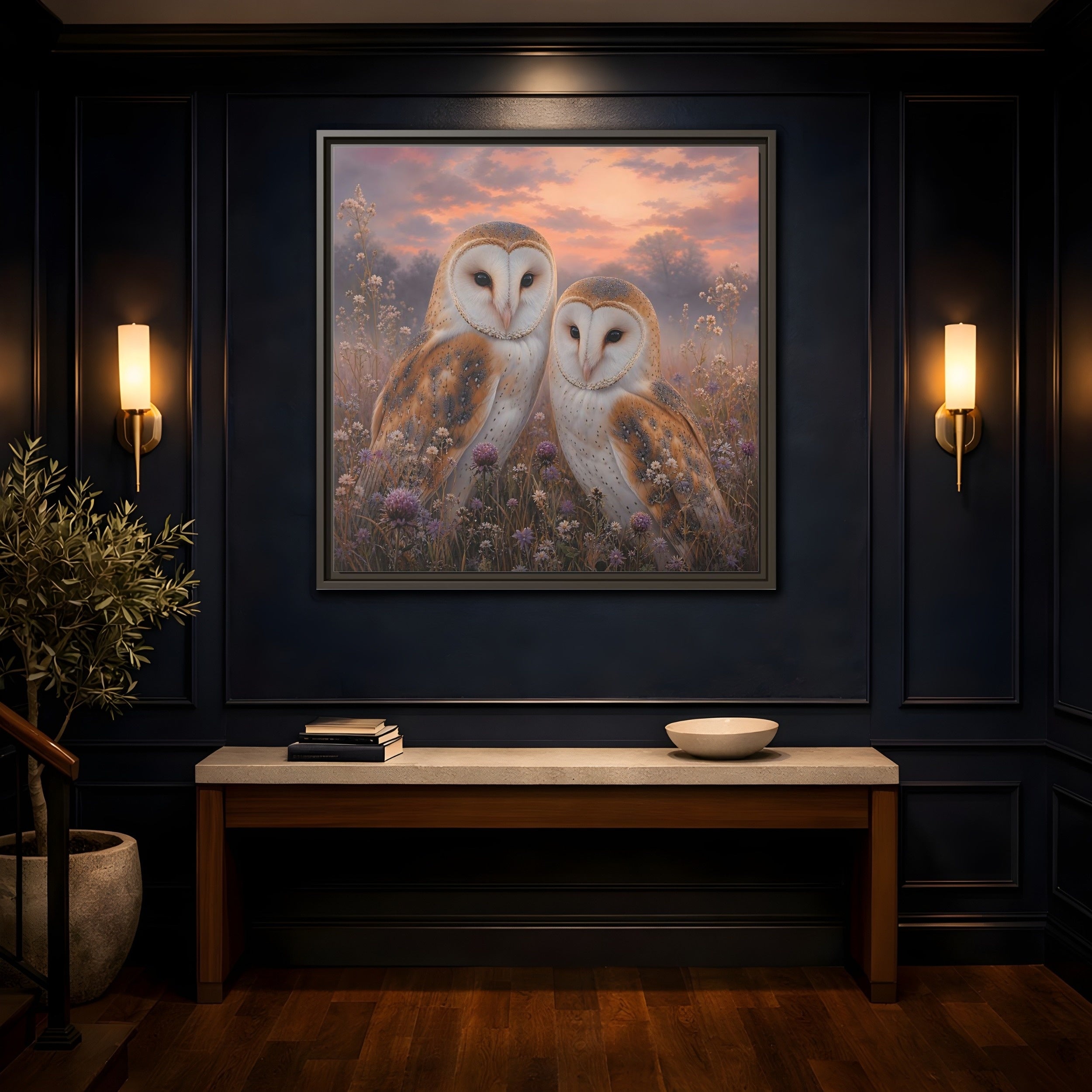 Mockup 4. Birds Barn Owls Barn Owls Sunset shown as stretched canvas wall art