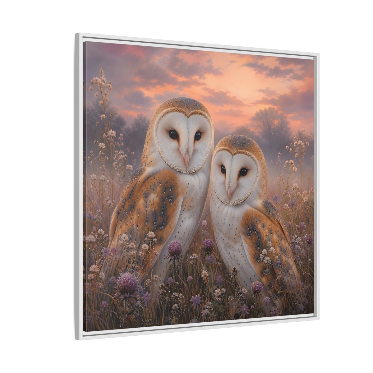 Side Mockup 4. Birds Barn Owls Barn Owls Sunset shown as stretched canvas wall art