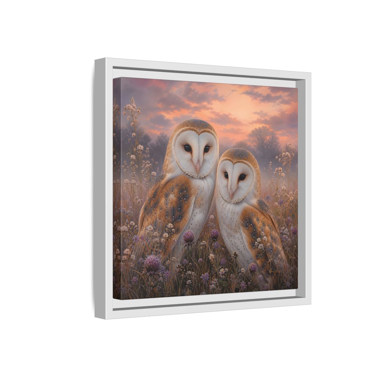 Side Mockup 16. Birds Barn Owls Barn Owls Sunset shown as stretched canvas wall art