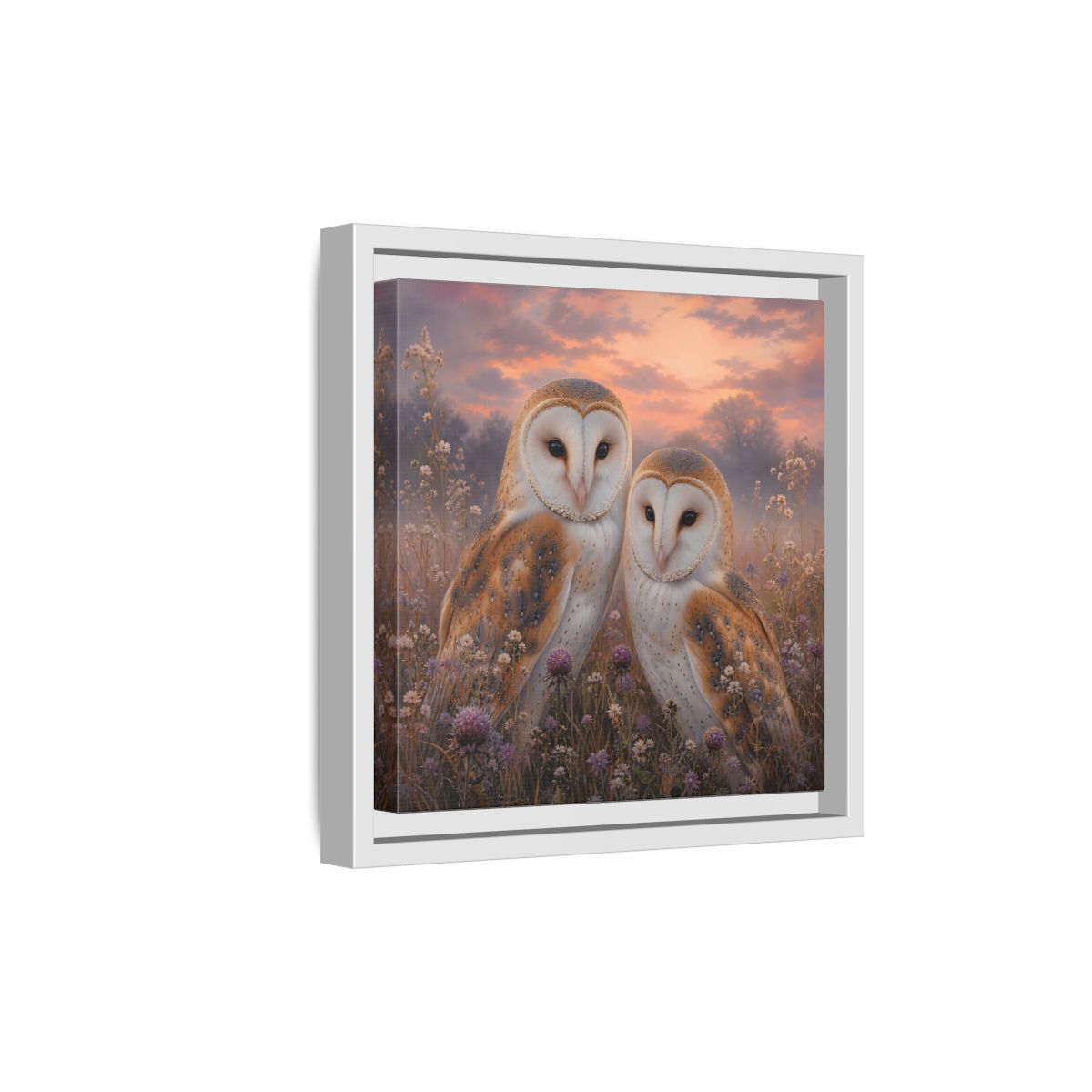 Side Mockup 19. Birds Barn Owls Barn Owls Sunset shown as stretched canvas wall art
