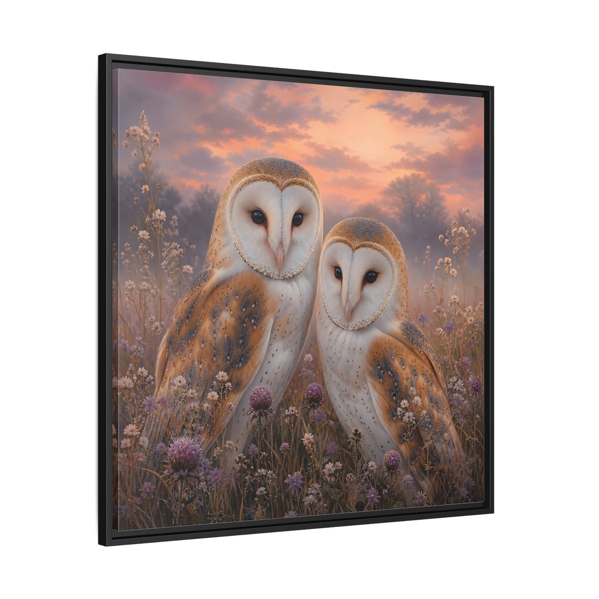 Side Mockup 30. Birds Barn Owls Barn Owls Sunset shown as stretched canvas wall art
