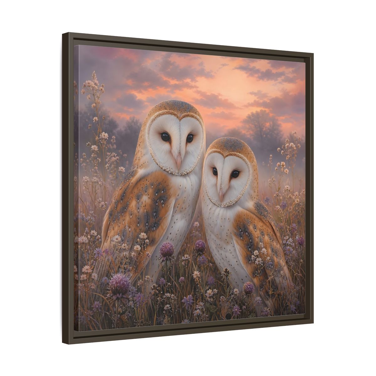 Side Mockup 27. Birds Barn Owls Barn Owls Sunset shown as stretched canvas wall art