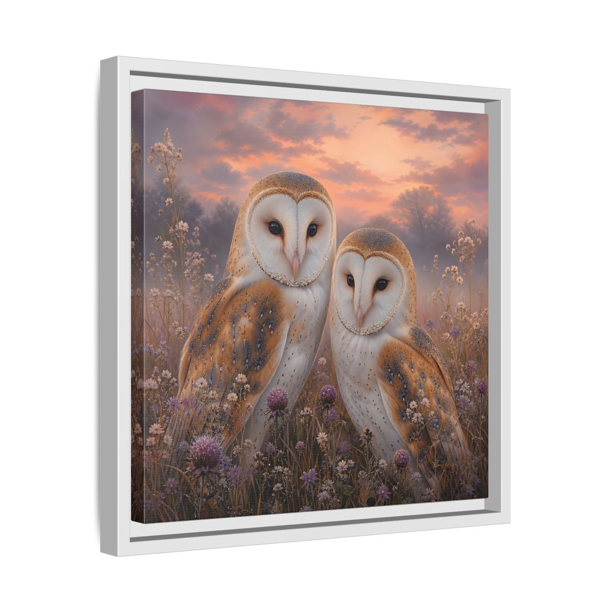 Side Mockup 28. Birds Barn Owls Barn Owls Sunset shown as stretched canvas wall art