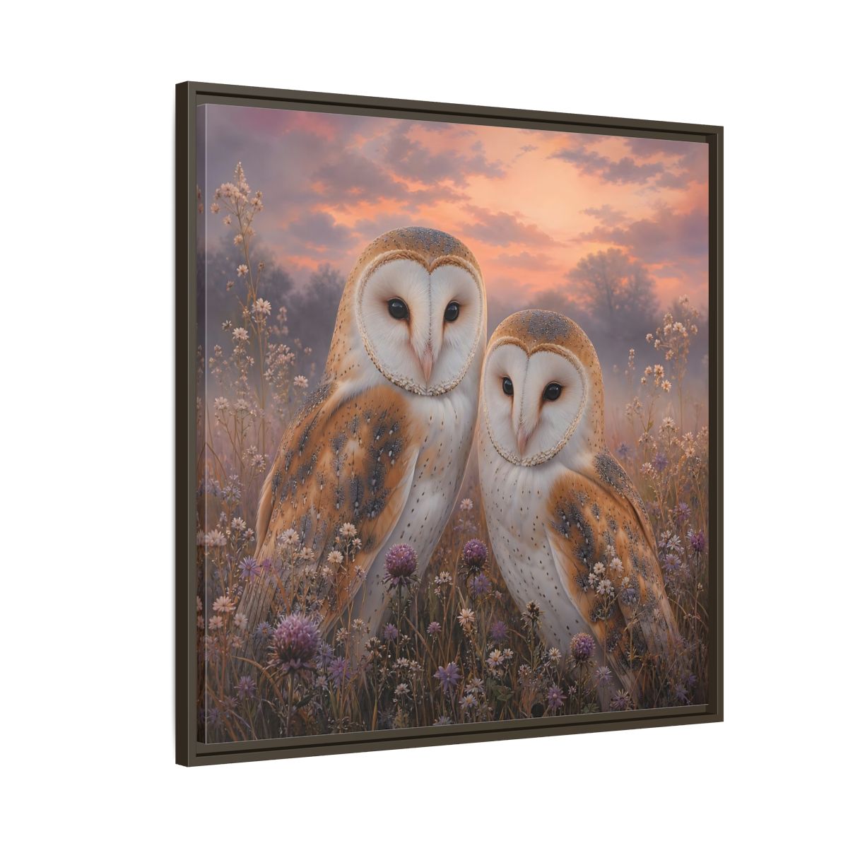 Side Mockup 8. Birds Barn Owls Barn Owls Sunset shown as stretched canvas wall art