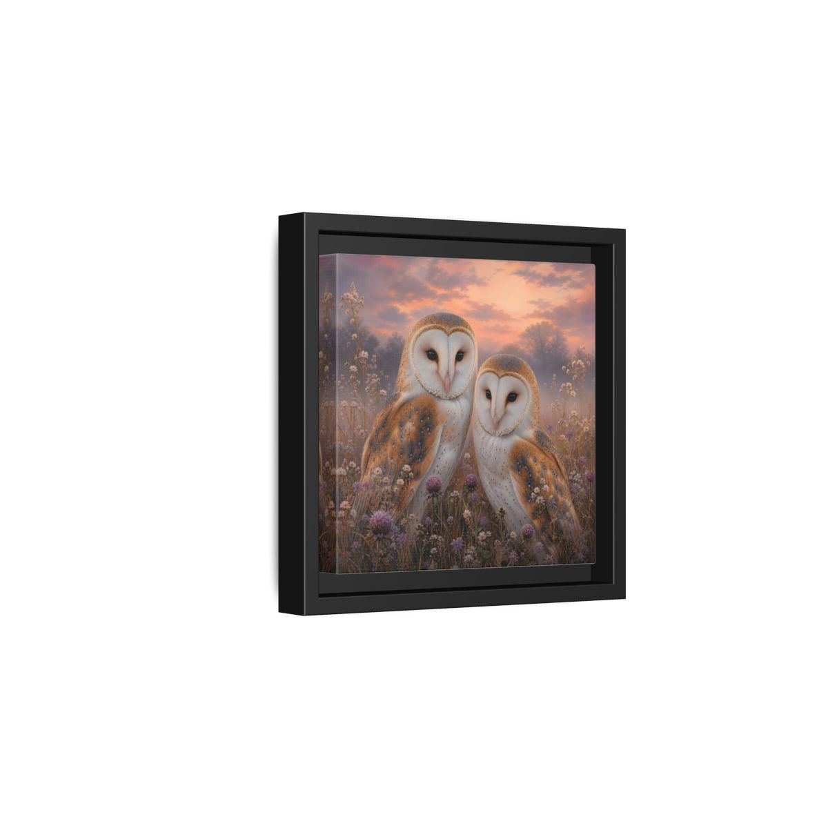 Side Mockup 3. Birds Barn Owls Barn Owls Sunset shown as stretched canvas wall art