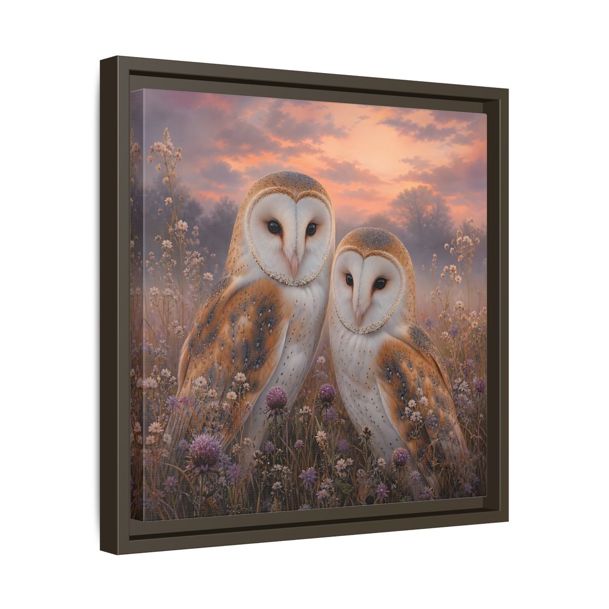 Side Mockup 29. Birds Barn Owls Barn Owls Sunset shown as stretched canvas wall art
