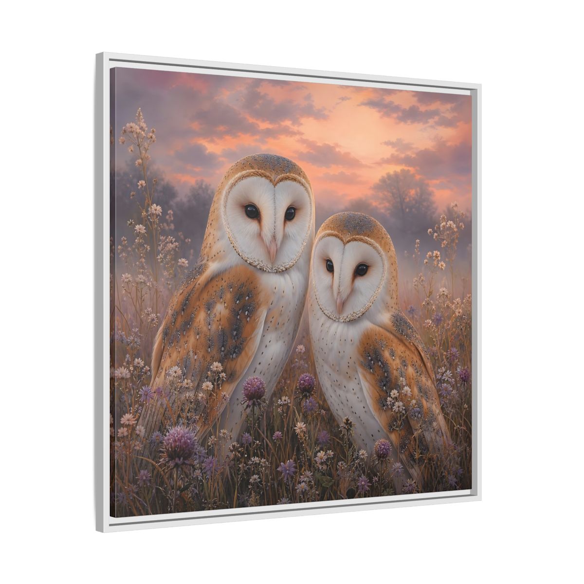 Side Mockup 25. Birds Barn Owls Barn Owls Sunset shown as stretched canvas wall art