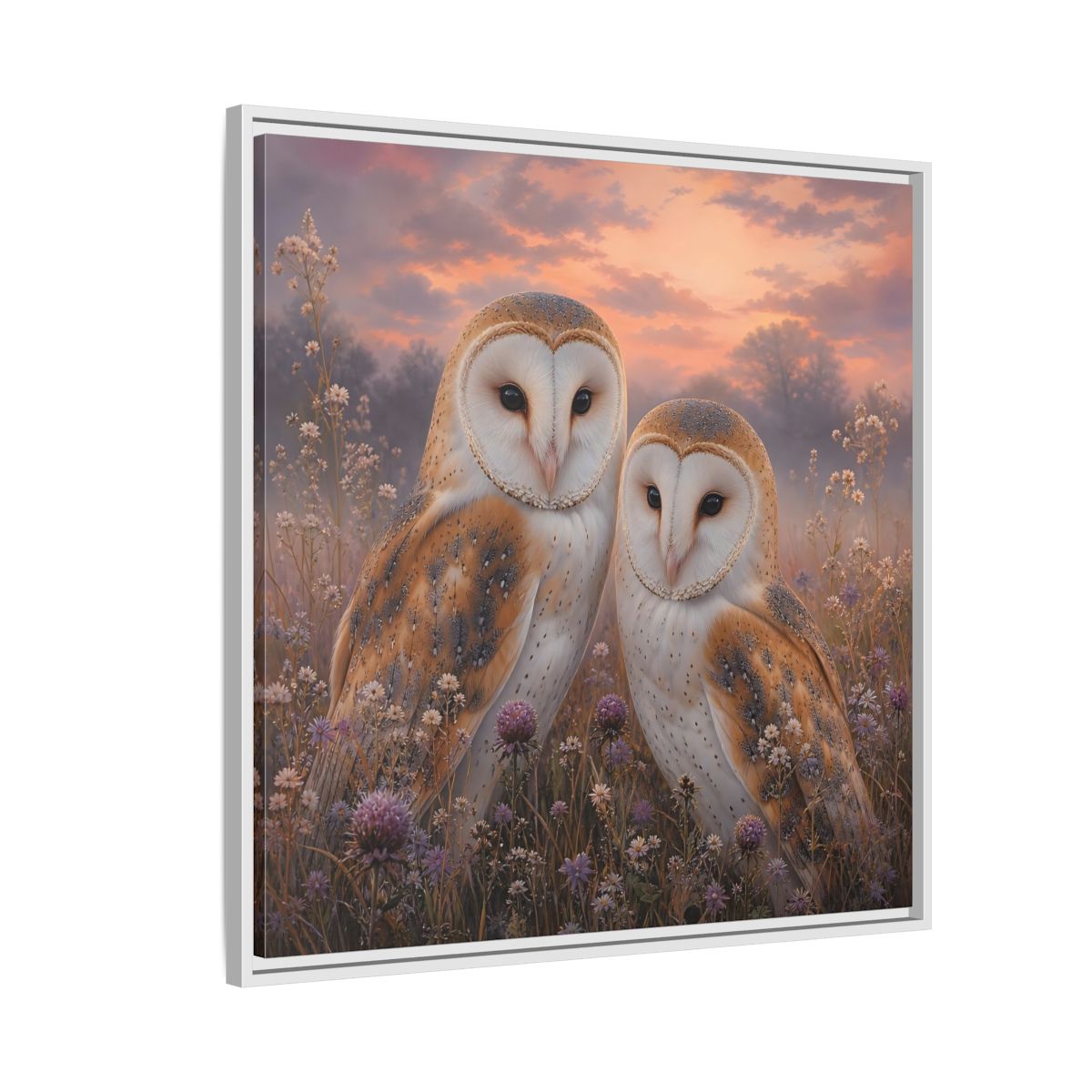 Side Mockup 7. Birds Barn Owls Barn Owls Sunset shown as stretched canvas wall art