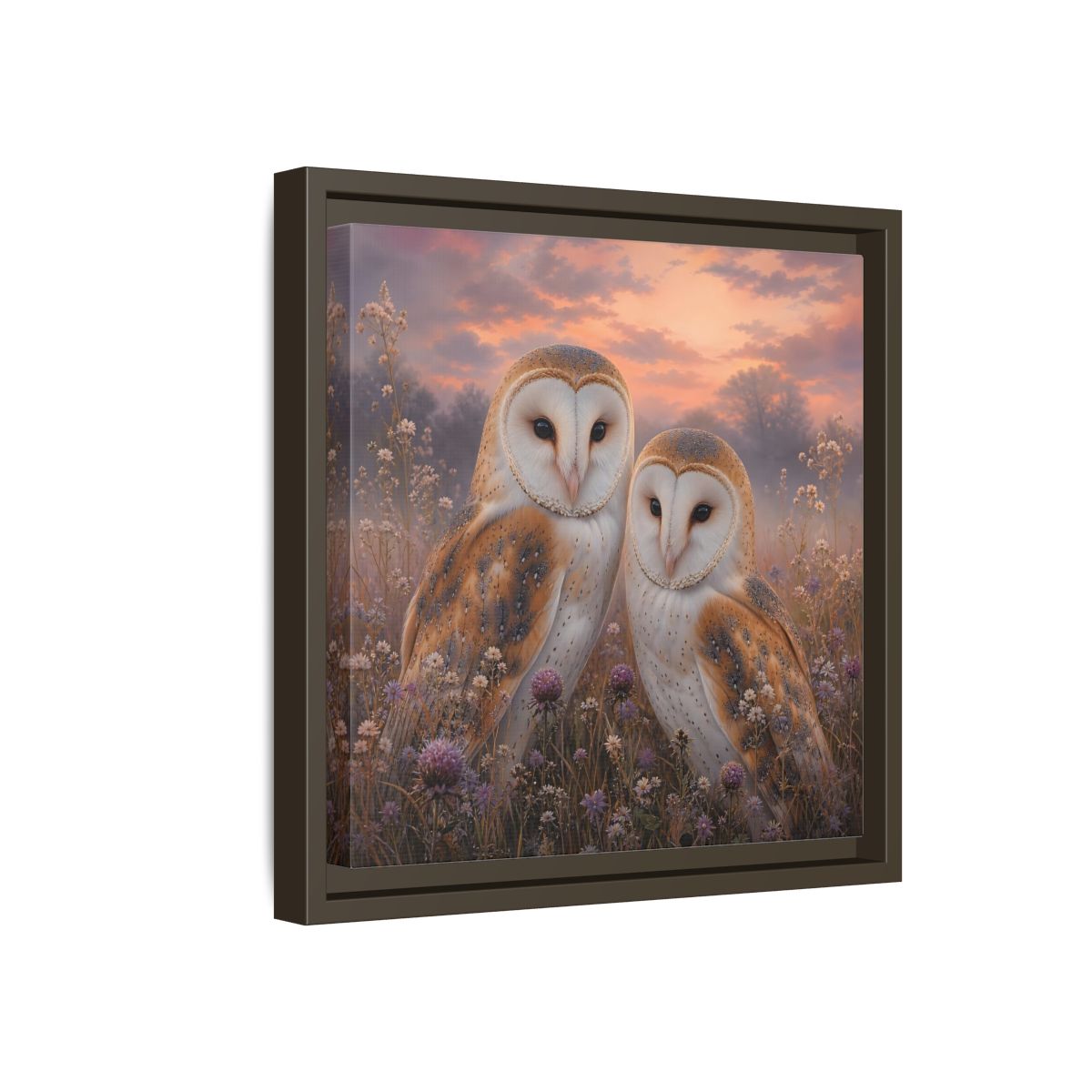 Side Mockup 17. Birds Barn Owls Barn Owls Sunset shown as stretched canvas wall art