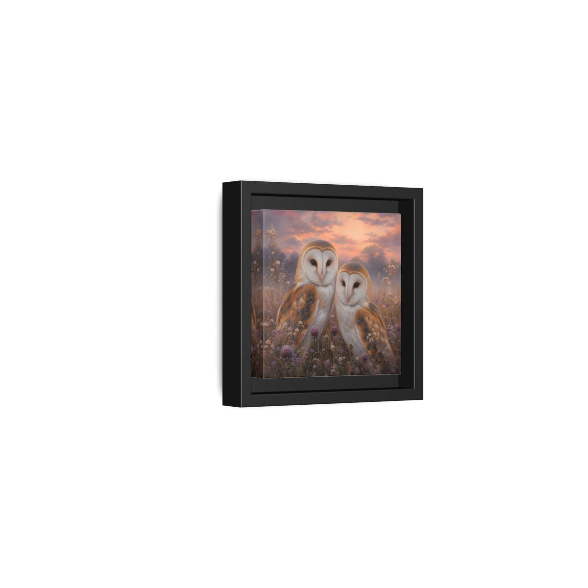 Side Mockup 24. Birds Barn Owls Barn Owls Sunset shown as stretched canvas wall art