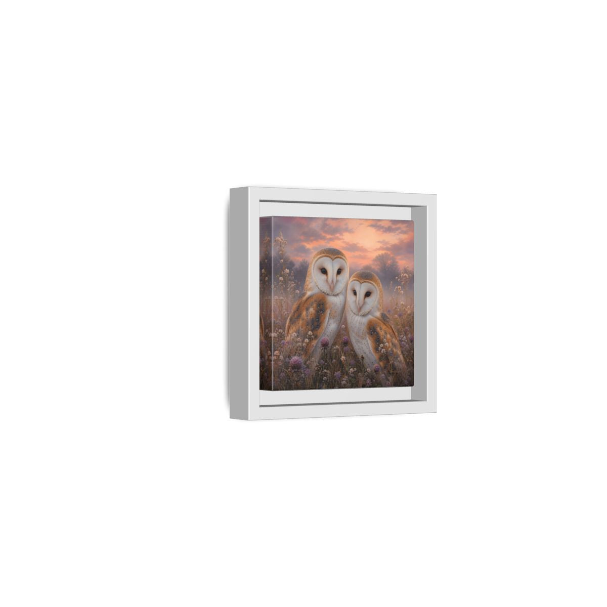 Side Mockup 22. Birds Barn Owls Barn Owls Sunset shown as stretched canvas wall art