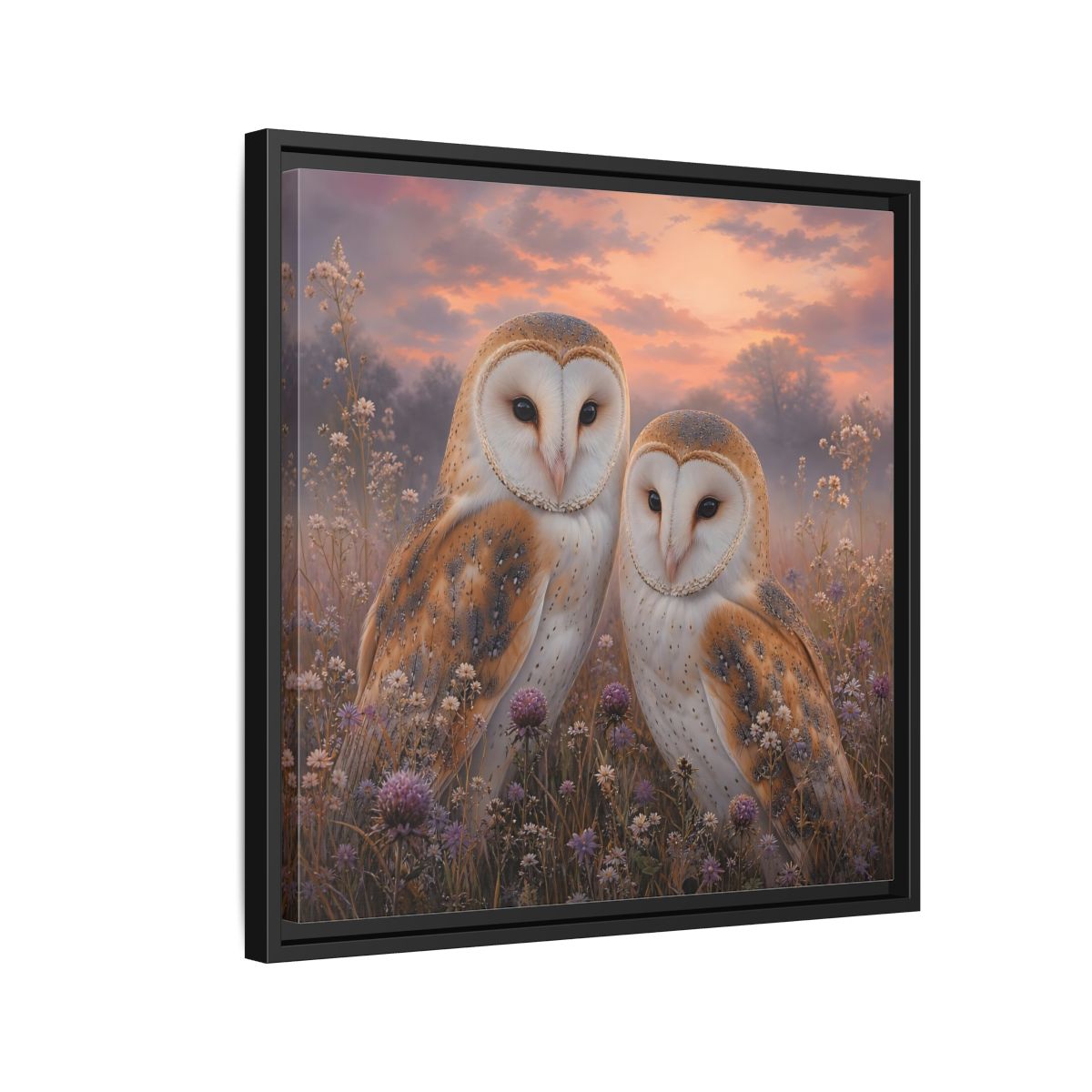 Side Mockup 12. Birds Barn Owls Barn Owls Sunset shown as stretched canvas wall art