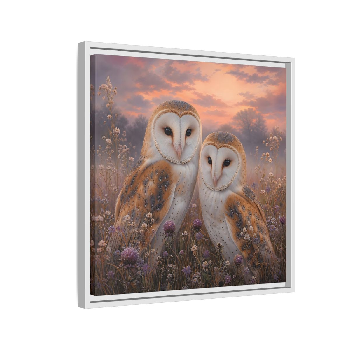 Side Mockup 10. Birds Barn Owls Barn Owls Sunset shown as stretched canvas wall art