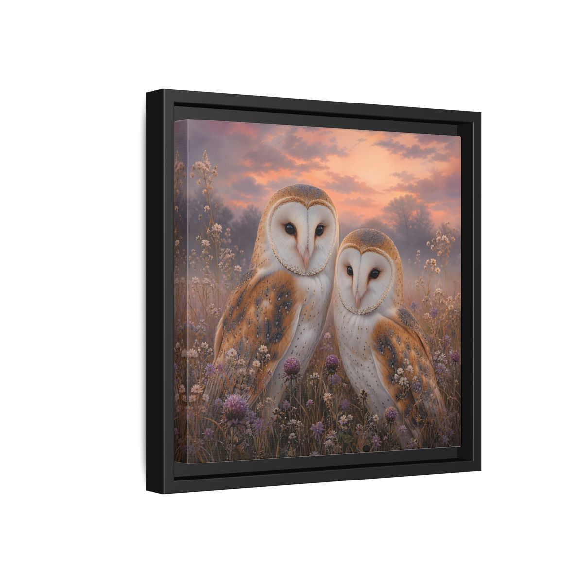 Side Mockup 18. Birds Barn Owls Barn Owls Sunset shown as stretched canvas wall art
