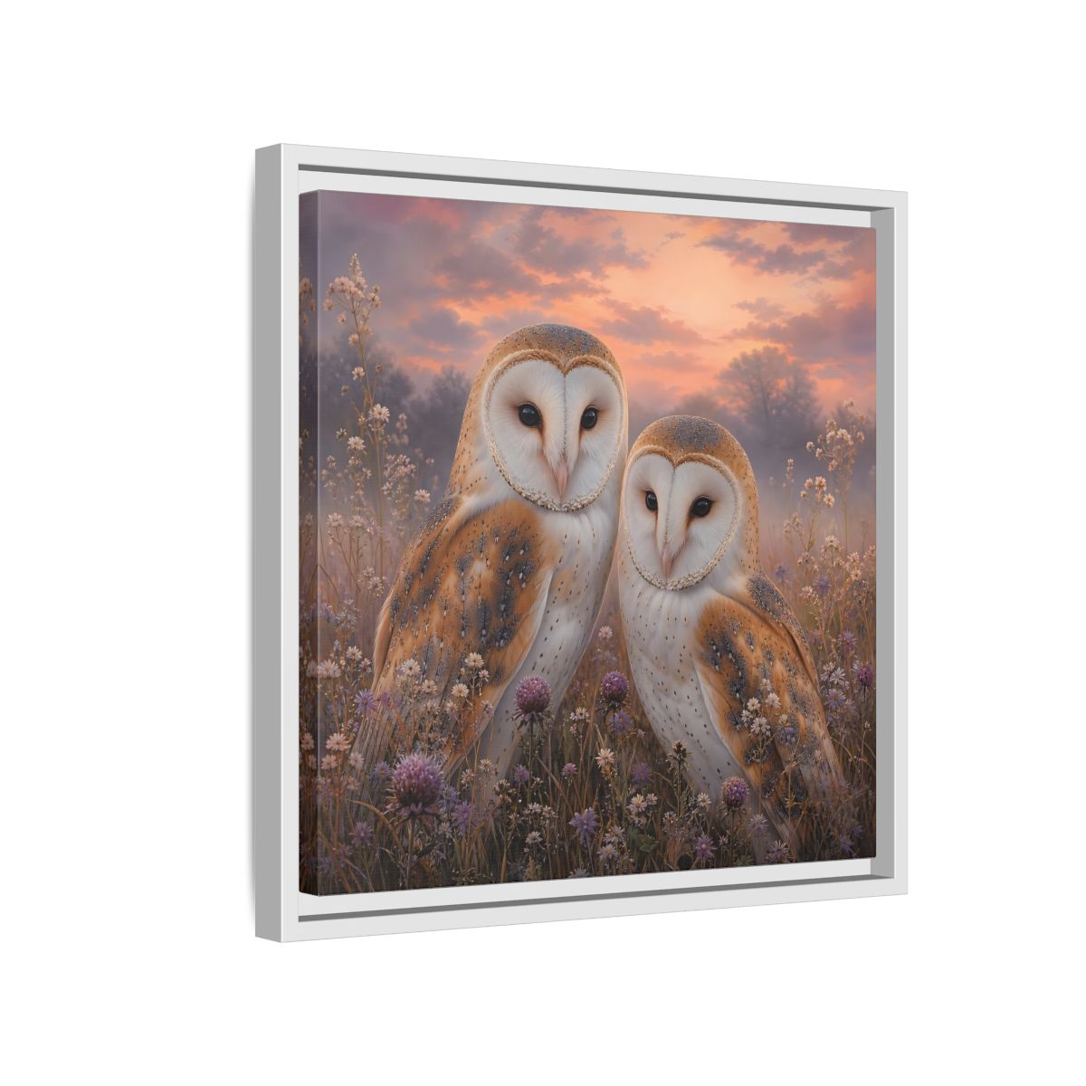 Side Mockup 13. Birds Barn Owls Barn Owls Sunset shown as stretched canvas wall art